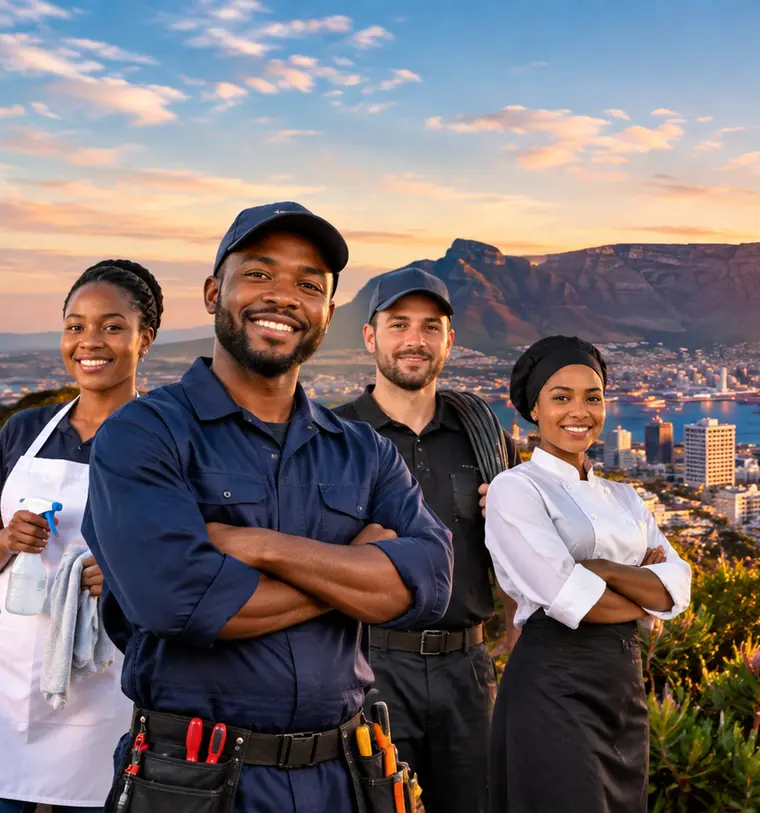 Four Cape Town tradespeople — a cleaner, a plumber, a handyman and a chef — standing above the city at sunset, with Table Mountain behind them.